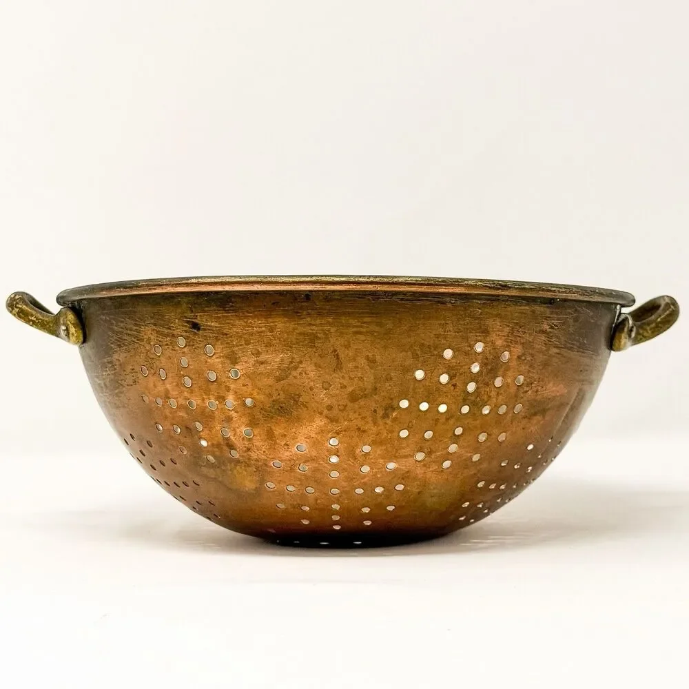 Vintage Copper Colander Brass Handles Farmhouse Kitchen Strainer Bowl Rustic